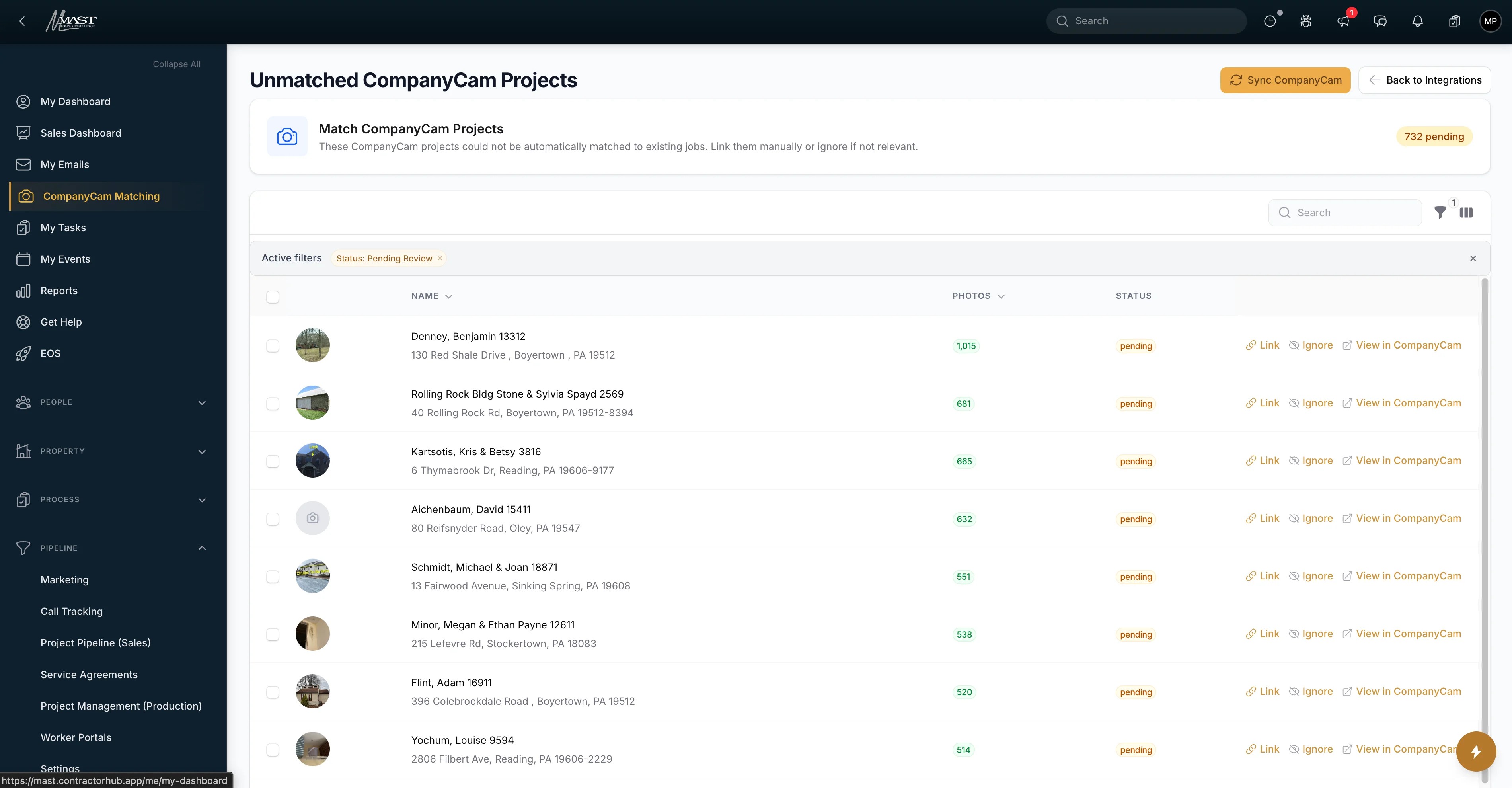 ContractorHUB - CompanyCam Project List